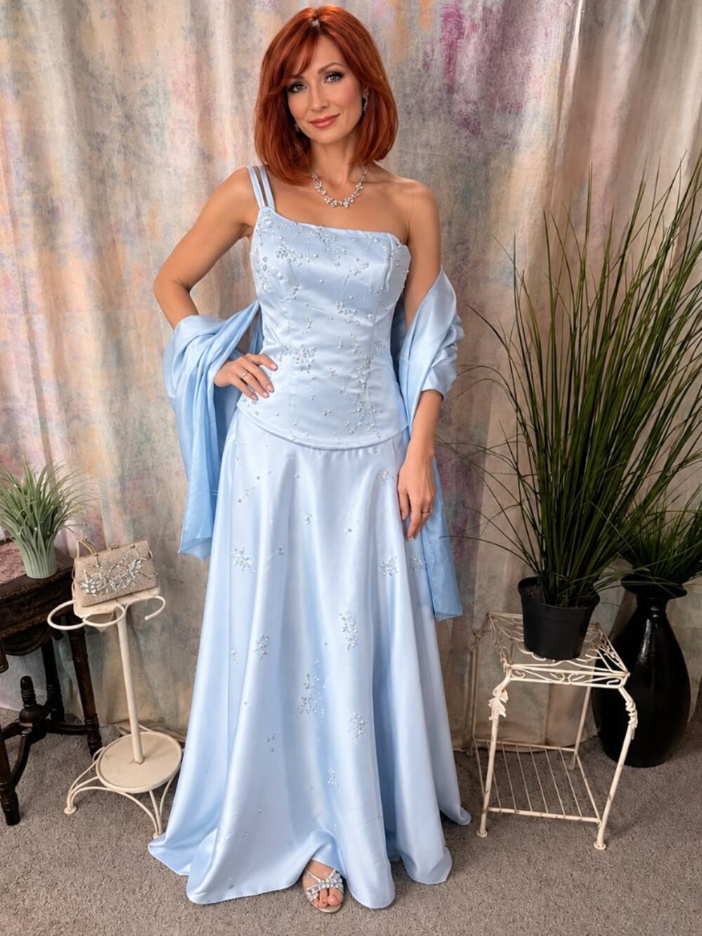 New📌Mary's Beaded Light Blue Formal - Prom - Bridesmaid Dress - Matching Scarf